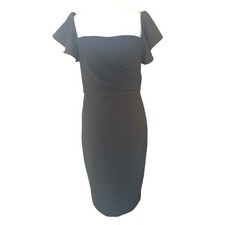 Calvin Klein Sheath Dress 12 Black Excellent Ruched Flutter Sleeve Square Neck