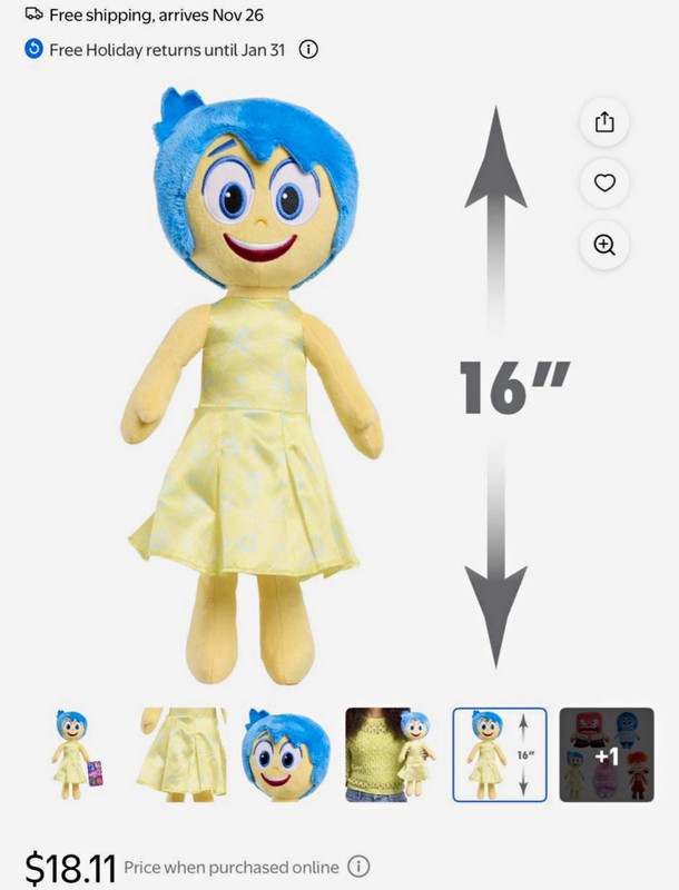 Disney Pixar Inside Out 2 Joy 16" Plush Stuffed Character Doll