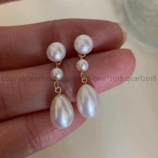 Fashion 7-8mm 11-12mm Natural White Freshwater Pearl Dangle Gold Stud Earrings