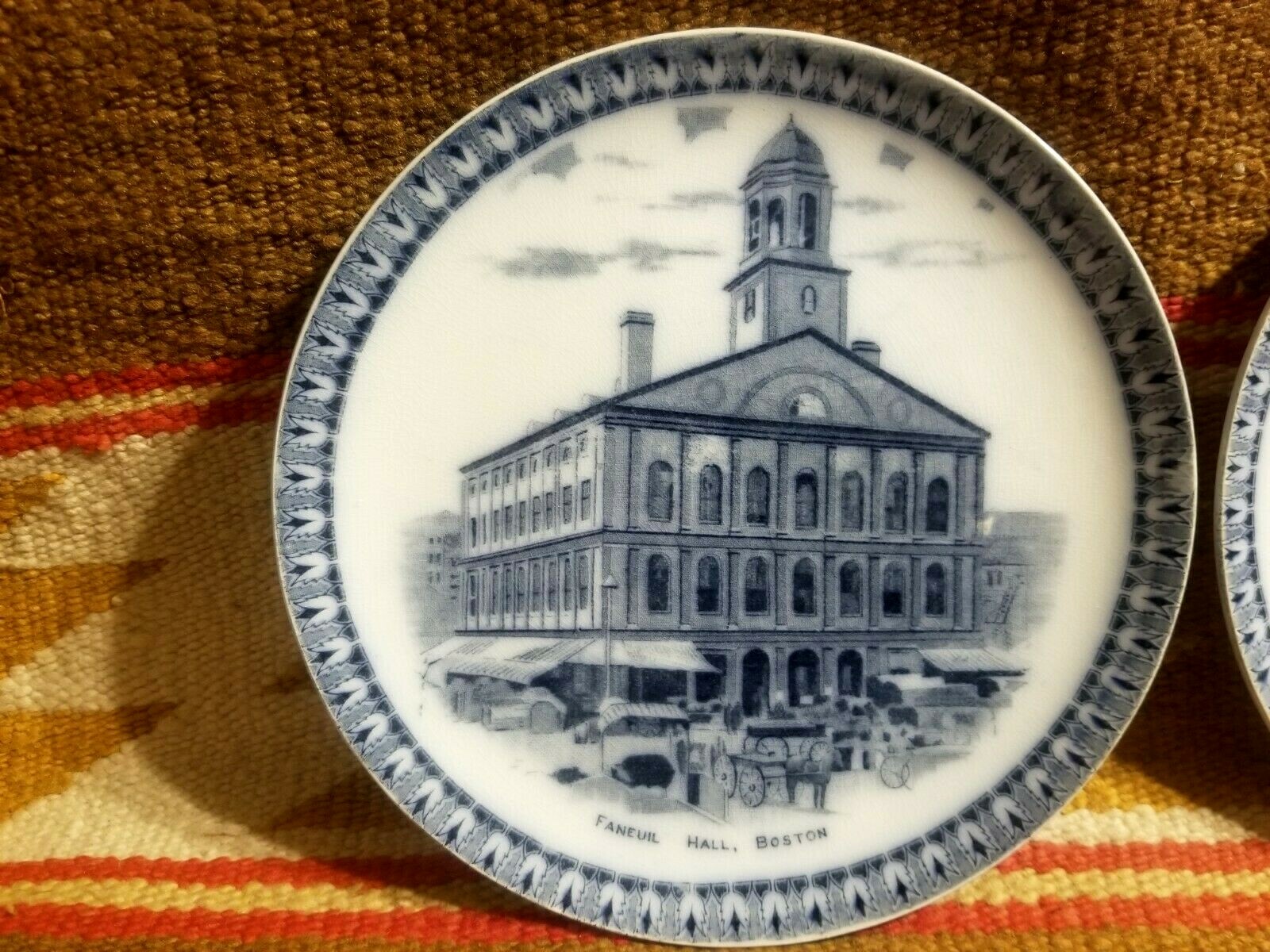 2 BLUE TRANSFERWARE HISTORICAL PLATES OLD SOUTH CHURCH FANEUIL HALL STF