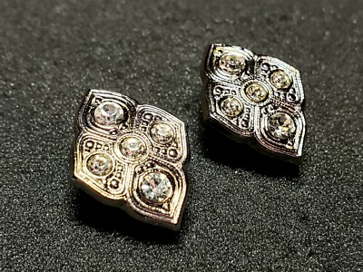 80s Trifari Silver Tone, Clip-On Antique Look Earrings with Clear Crystals