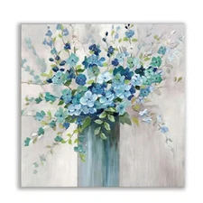 Blue Flowers Vase Artwork Oil Painting Abstract Bouquet Canvas Painting Wall Art