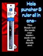 Hole Punching Ruler- For 3 Ring Binder. Ruler Hole Puncher All In 1, Abs/Steel