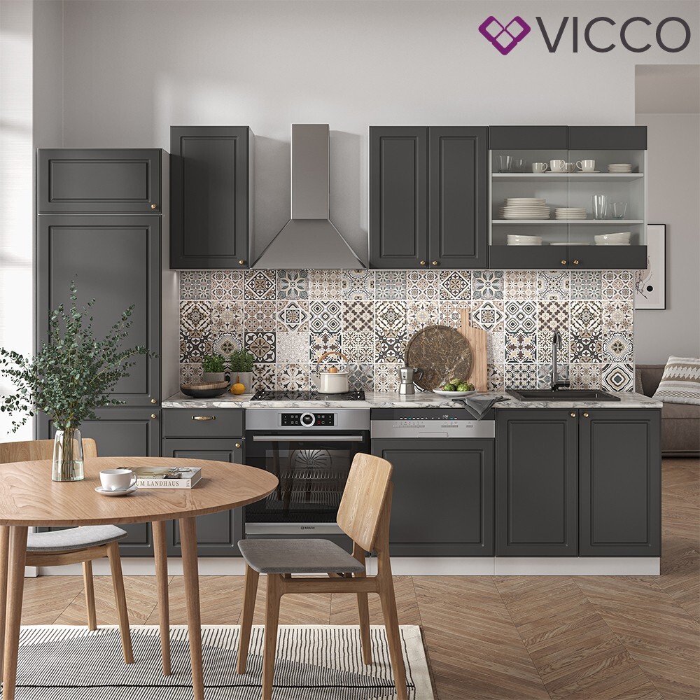 Cuisine Fame-Line Vicco 300cm - Style Rustique, Blanc Vert Or - Neuve