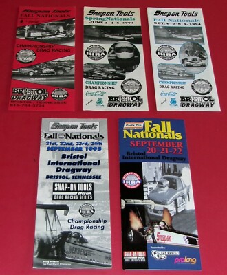 5 DIFFERENT VINTAGE ''IHRA BRISTOL TRI-FOLD DRAG RACING FLYERS '' IN VG CONDITION!