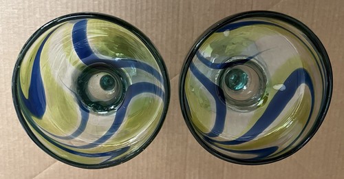 2 Mexican Hand Blown Crafted Green And Cobalt Blue Jumbo Margarita Glasses - Picture 5 of 17