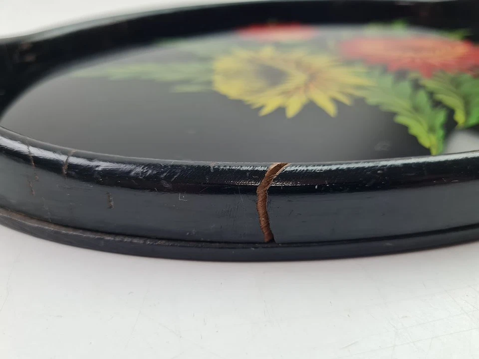 Tablett oval schwarz handbemalt Glas Klavierlack Blumen Griffe Vintage #2410445 - Bild 3 von 4