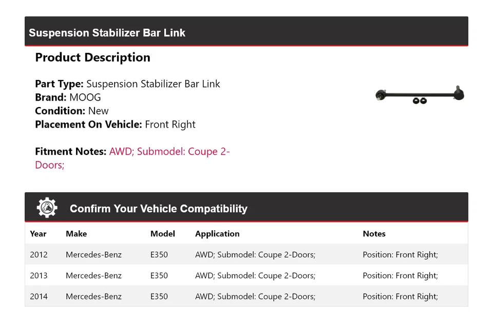 Для 2012-2014 Mercedes-Benz E350 стабилизатор подвески рычаг звено передний правый MOOG - Изображение 2 из 4