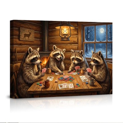 Raccoons Playing Poker in Cozy Log Cabin with Full Moon Window View Poster 
