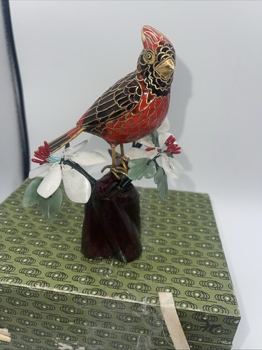 Red & Black Cloisonné Cardinal On Branch Jade Glass Bonsai Cherry Blossom