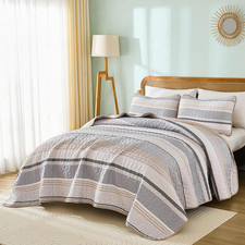 Quilt Queen Size Khaki Grey, 3 Pieces Boho Striped Bedspread Bedding for Queen S
