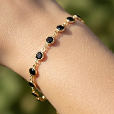 Chic Black Gemstone Tennis Bracelet | Gold Plated Bezel Set Designer Jewelry