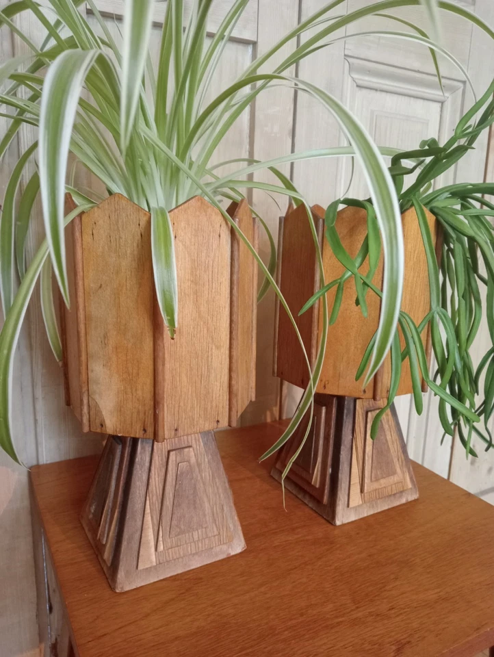 PAIR OF ART DECO PLANT HOLDER STANDS VINTAGE ANTIQUE SOLID OAK AND PLY DETAILS - Image 2 of 4