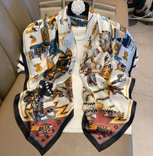 100 Mulberry Silk Scarf Blue gem Print Shawl Bandanna Square 90X90cm Wrap new