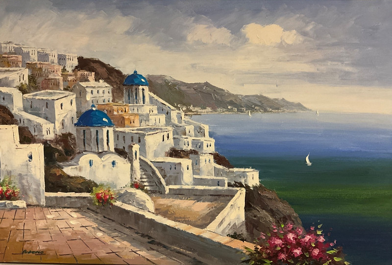 Oil Painting 24x36" Peaceful Santorini cityscape with water view, realistic oils