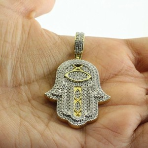 Authentic 2.00 Ct Round Cut Moissanite Hamsa Hand Pendant 14K Yellow Gold Plated