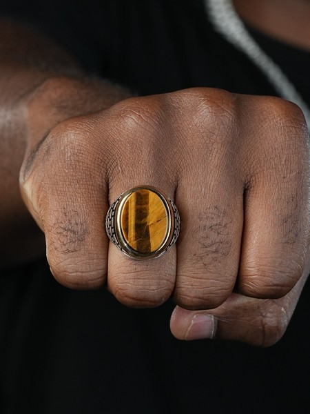 Alternate view of 10k Gold Plated 925 Sterling Silver Tiger's Eye Mens Large Ring Size 7-13 Pinky