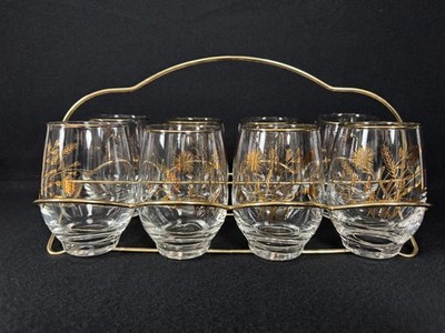 8 Libbey Roly Poly Gold Wheat & Wildflower Tumblers with Folding Carrier Rack