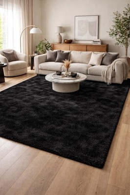 Luxury Solid Black Hand Tufted Wool Rug | Plush Thick Cut Pile Area Carpet & Rug