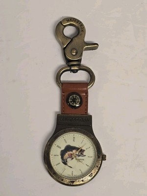 Vtg Majestron Majesti Fishing Brass Quartz Open Pocket Watch Bass Compass Clip 
