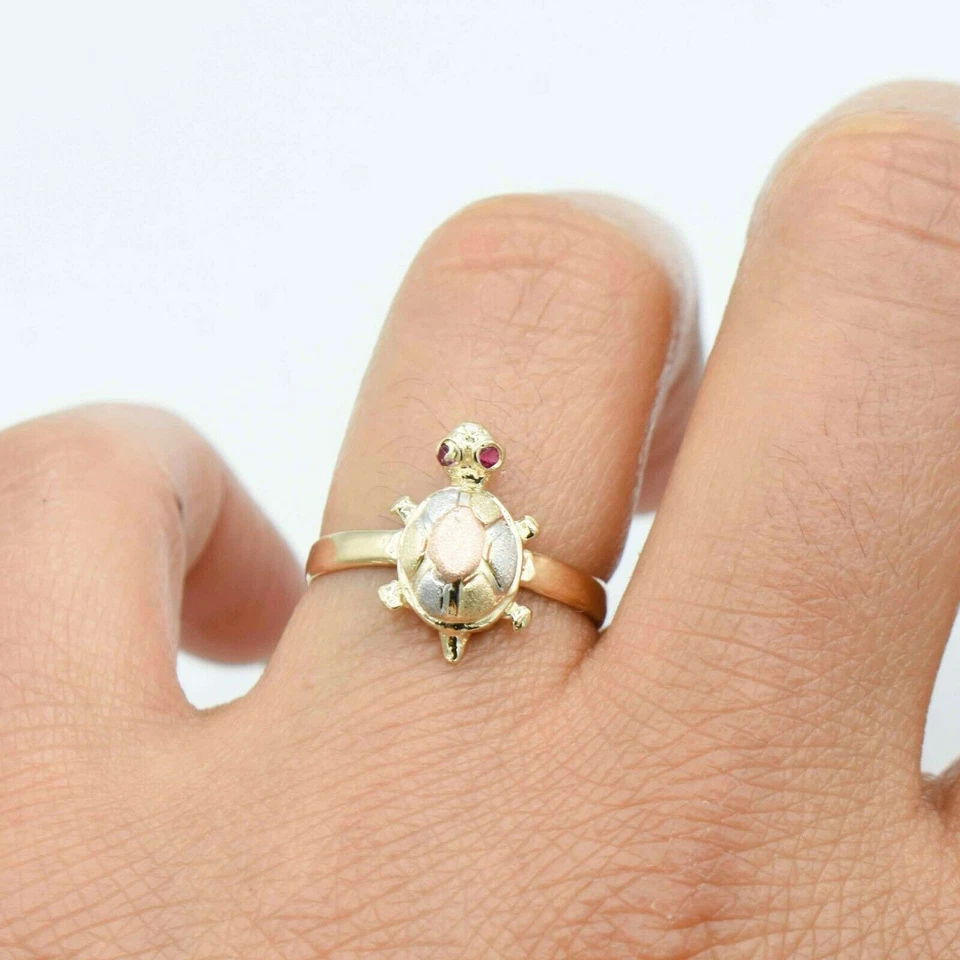 Satin Finish Textured Turtle with Ruby Eyes Ring Real Solid 10K Tri-Color Gold - Image 4 of 4