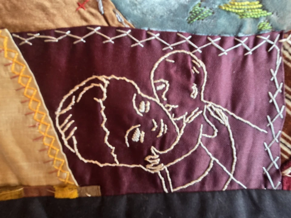 Unique Antique Hand Embroidered Folk Art Primitive Crazy Quilt W/ Shams 55 X 60 - Image 2 of 4