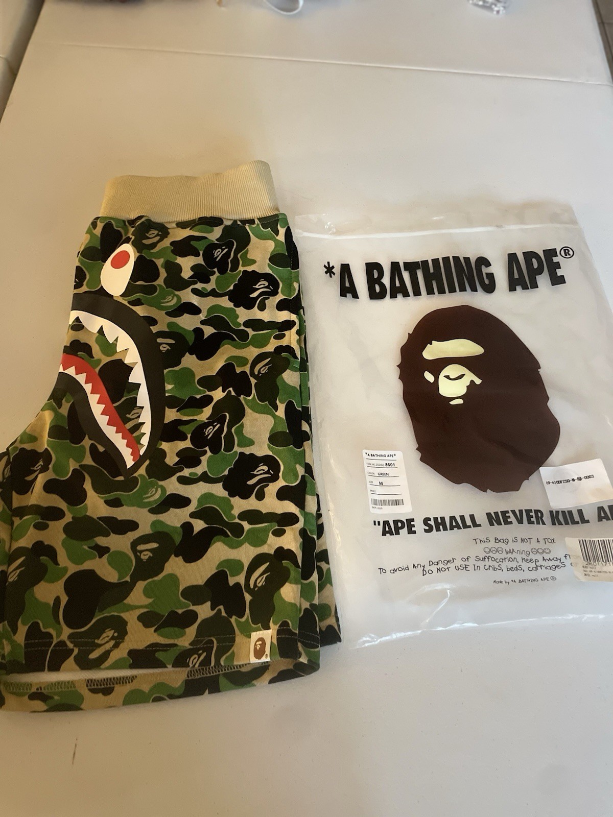 A Bathing Ape Shark Face Camouflage Sweat Shorts Green Streetwear Men's thumbnail 2