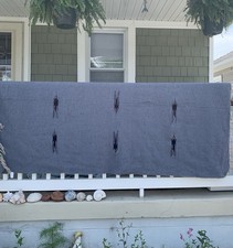Large vintage handwoven Mexican Baja blanket in blue Thunderbird classic pattern
