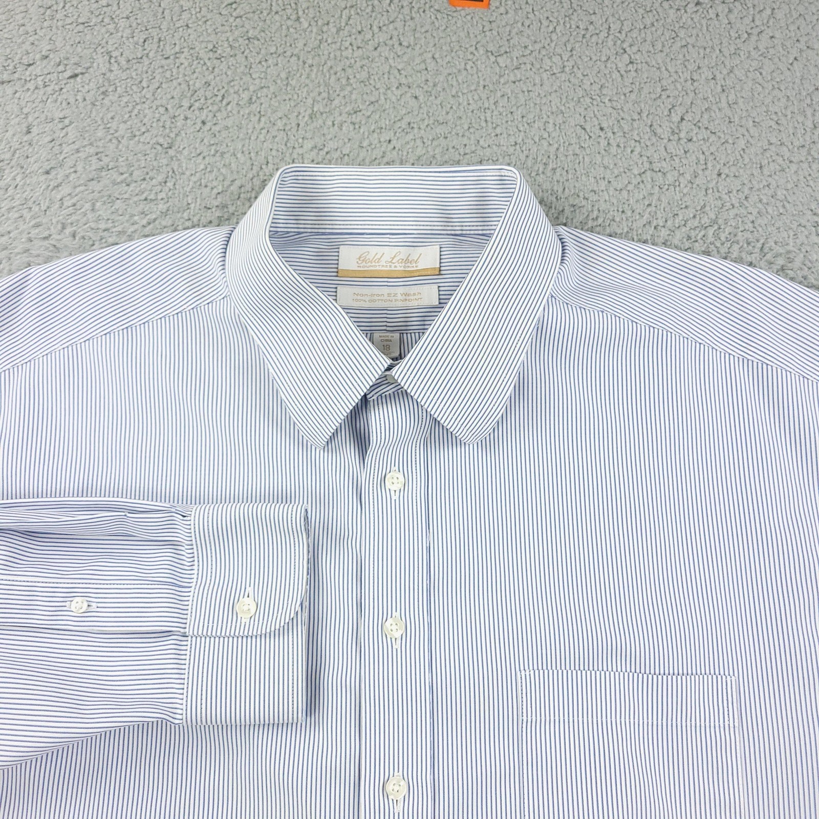 Roundtree & Yorke Gold Label Dress Shirt Mens 18 36 Blue Stripe Non Iron Cotton