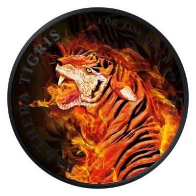 #ad 2022 Laos Burning Black Platinum Tiger Pantera Tigris Silver coin $155.00