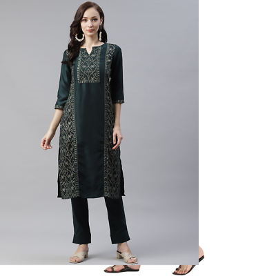 Women Green & Golden Ethnic Motifs Foil Printed Panelled Kurta with  Trousers | eBay