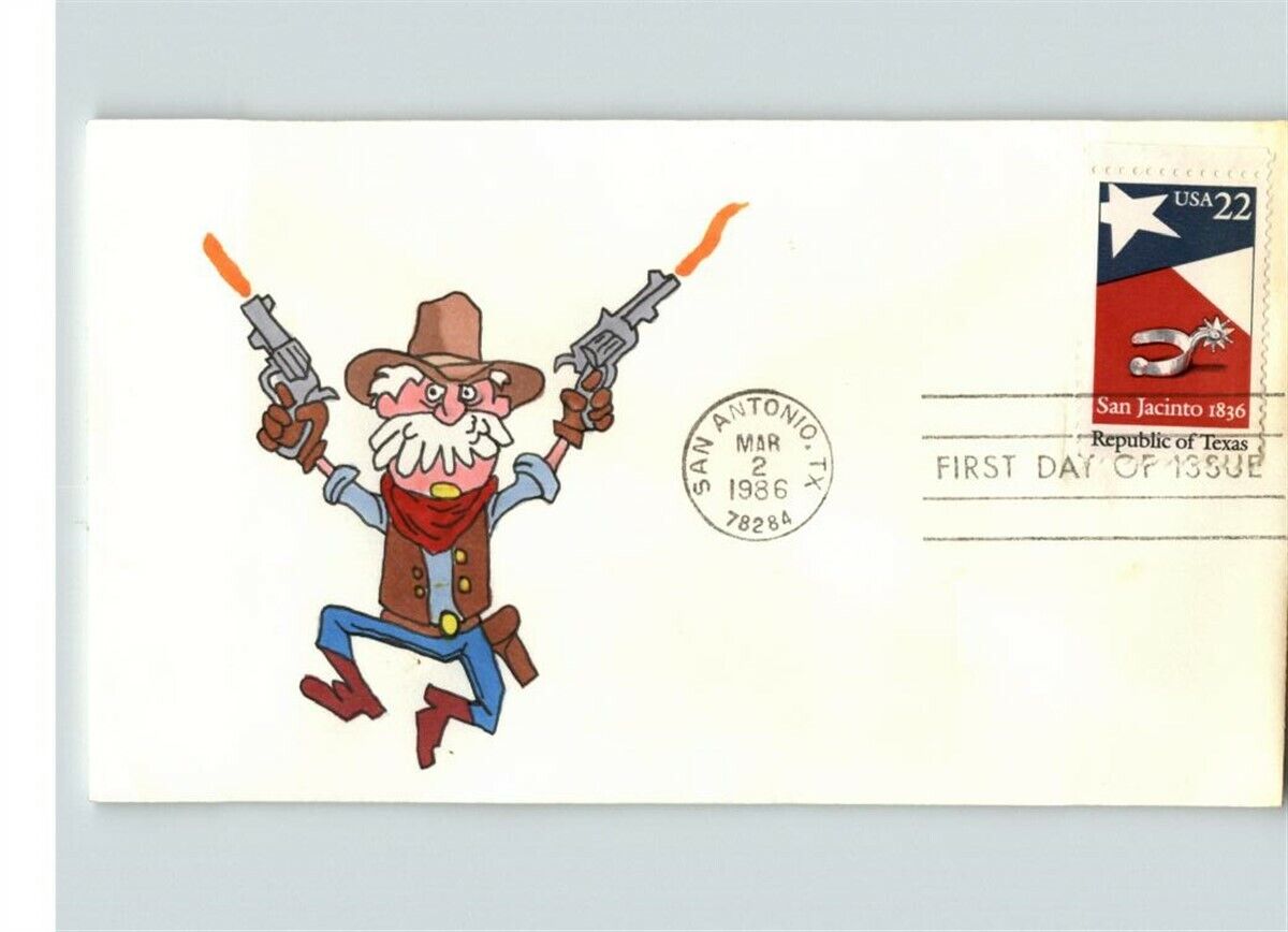 Image 1 - TEXAS Republic, Hand Painted cartoon Cowboy with 2 guns, 1986 San Antonio # 1 of