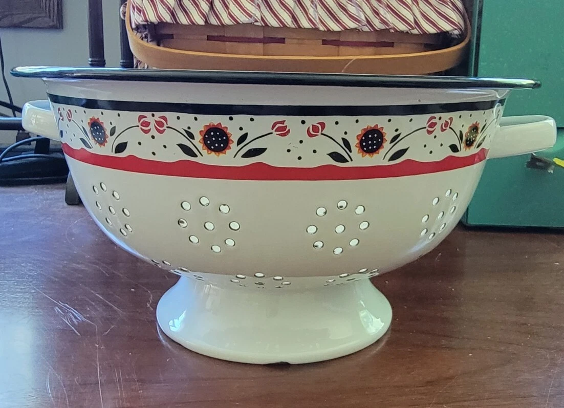 Vintage Enamel Footed Strainer Colander Sunflower Flowers