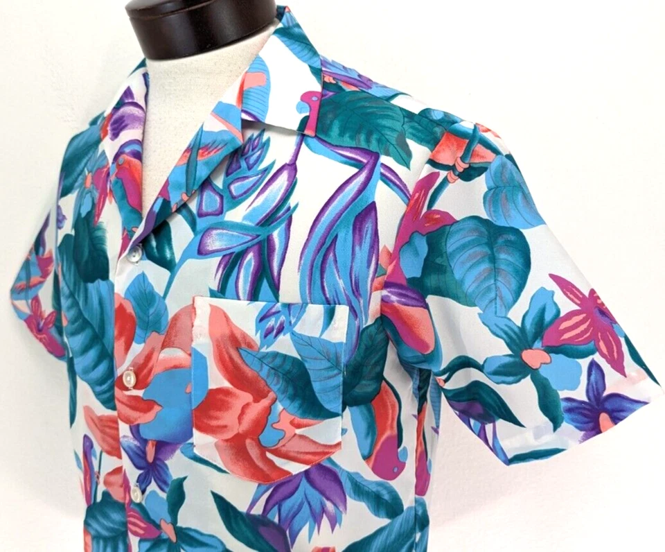 Vtg 70s HILO HATTIE Men's S Hawaiian PARROT Bird Floral Dress Shirt Polyester * - Image 4 of 4