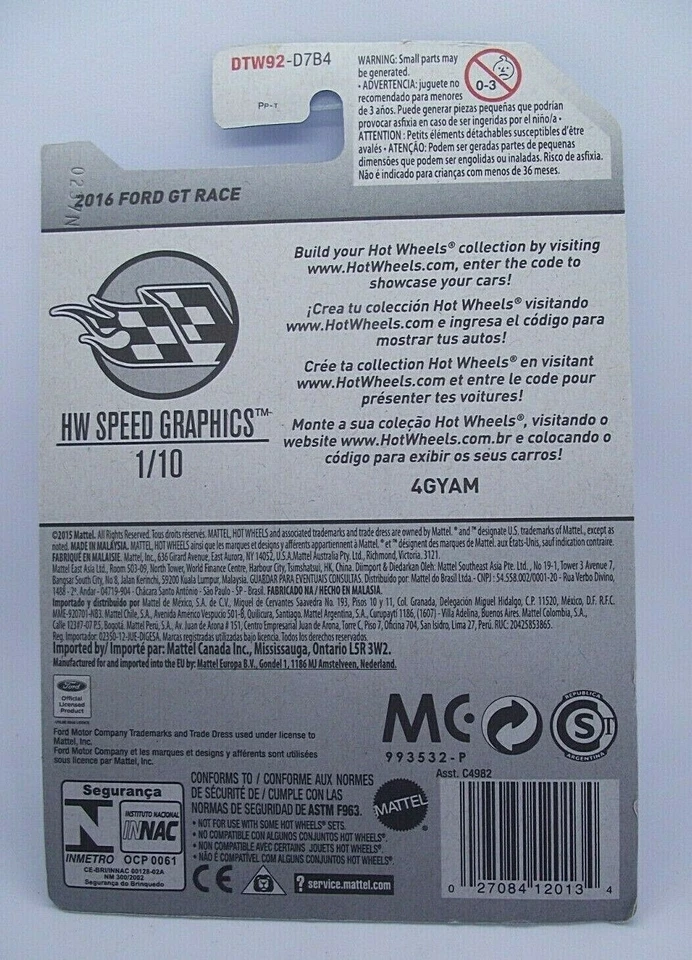 Hot Wheels Speed Graphics 166/365 - 2016 FORD GT RACE on Long Card (HW069) - Image 3 of 3