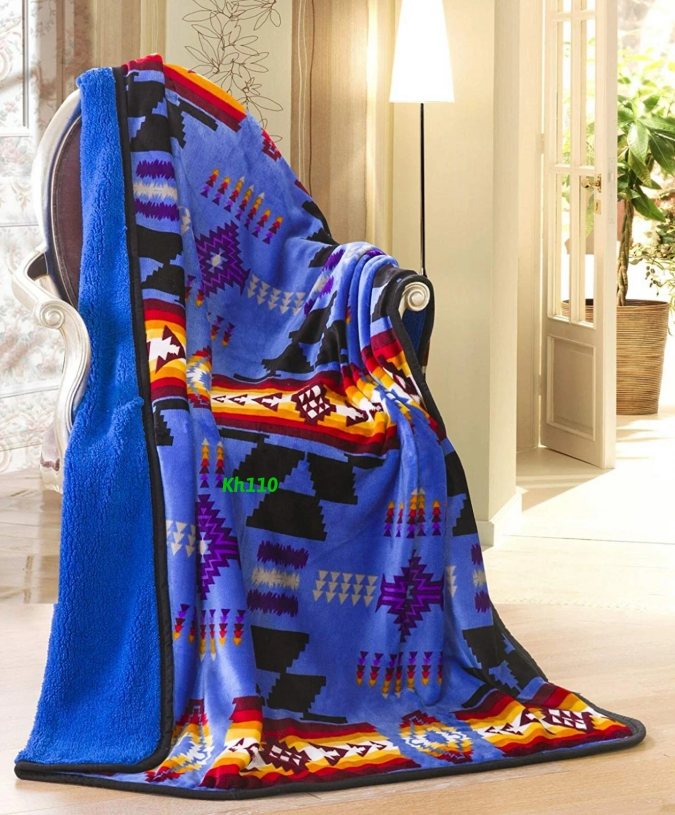 Navajo Print Royal Blue Throw Blanket with Sherpa Native American Southwestern Design