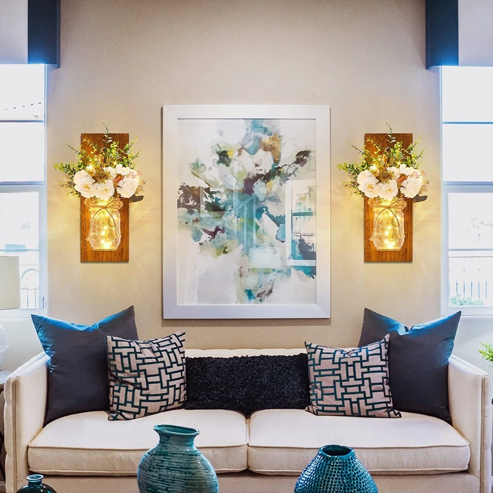 Rustic Decor Living Room Mason Jars Fairy Lights w/Artificial Flowers Set of 2 - Image 4 of 4