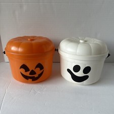 2 1986 McDONALDS Happy Meal Halloween Pail w/ Lids - Pumpkin Ghost