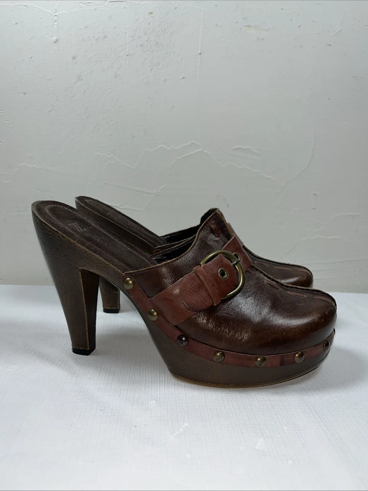 Tamancos femininos vintage branco Mt couro cornelia cravejado mulas 7,5M marrom anos 70 Y2K boho - Imagem 4 de 4