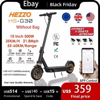 HEZZO G30 500W Adult Electric Scooter 28 Miles Long Range 22 MPH Kick eScooter
