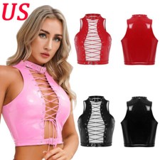 US Womens Patent Leather Lace Up Crop Tops Halter Sleeveless Vest Shirt Clubwear