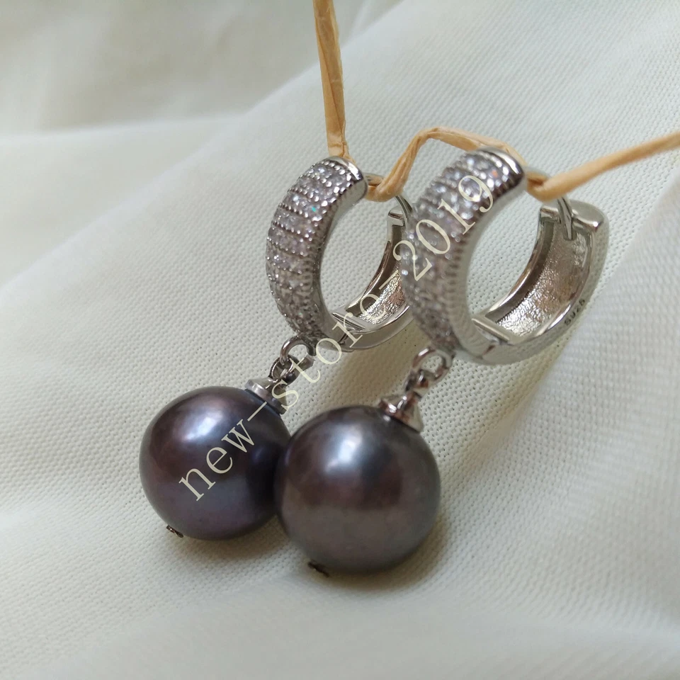 Huge Natural Tahitian Genuine 11-12mm Perfect Round Black Pearl Dangle Earring - Image 4 of 4
