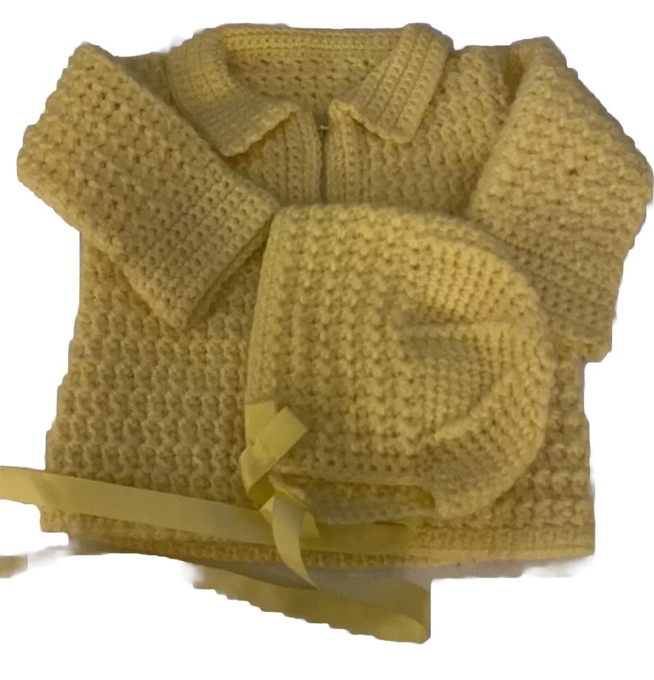 VTG. Baby 6-9 months yellow set, knitted sweater and hat .HANDMADE, never worn