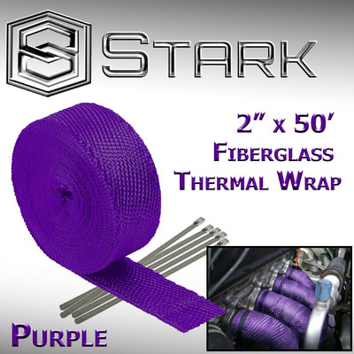 2'' x 50FT Exhaust Header Fiberglass Heat Wrap Tape w/ 5 Steel Ties - Purple (Q)