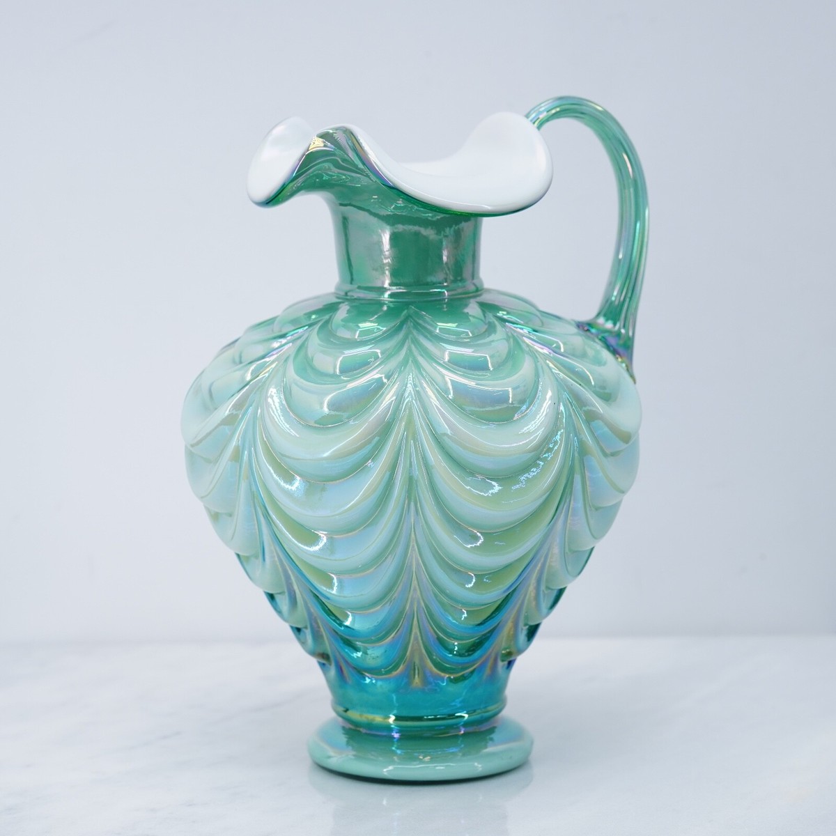 Fenton Iridescent Pitcher Vase Drapery Green Glass Ruffle 95th