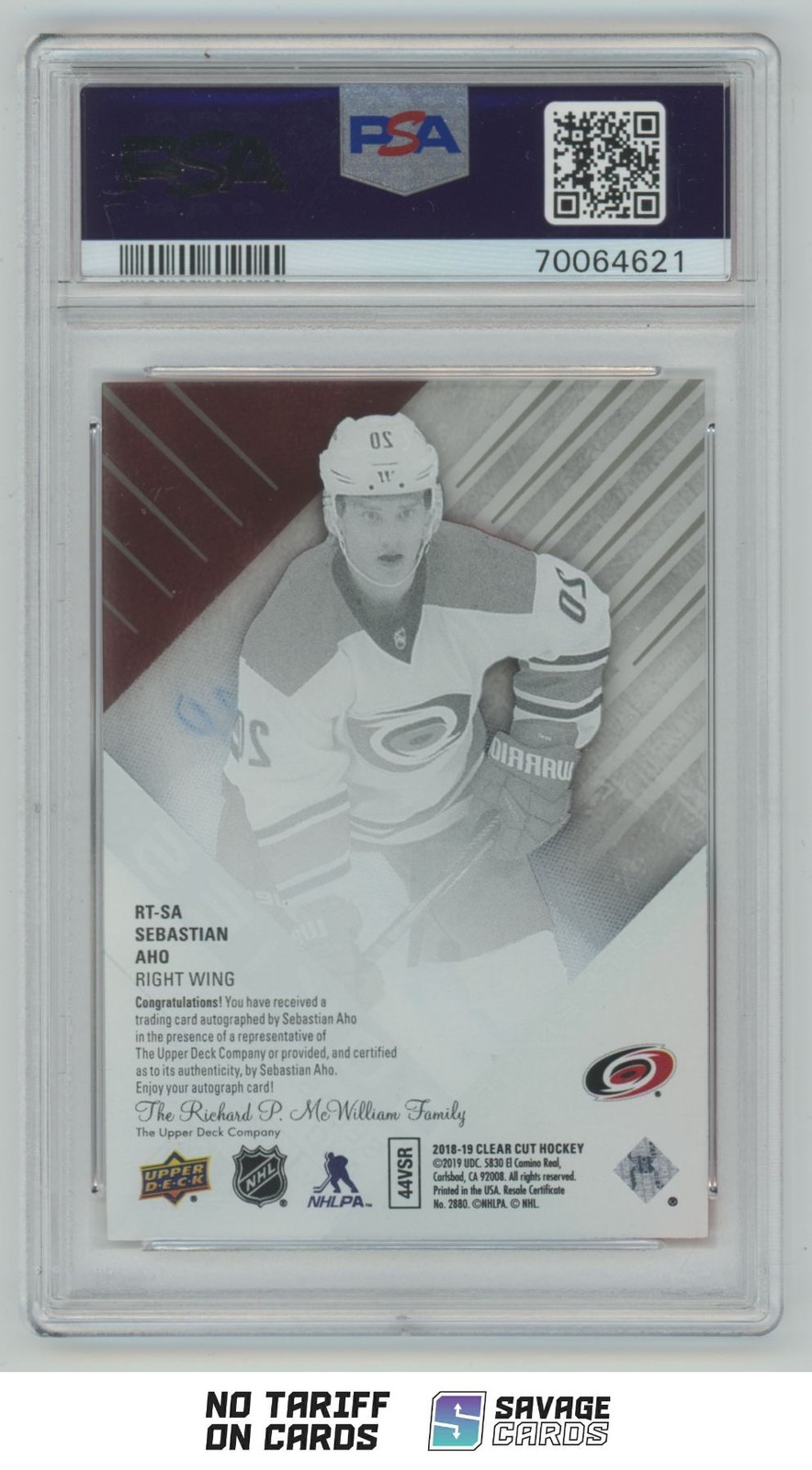 2019-20 UD Clear Cut Authentic Rookies Tribute Auto Sebastian Aho PSA 9 #RT-SA view 2