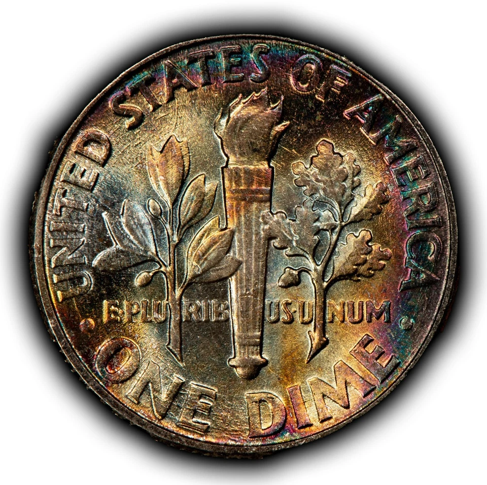 1959 10c Silver Roosevelt Dime - PQ Neon Rainbow Toning - BU - SKU-Z6337 - Image 2 of 4