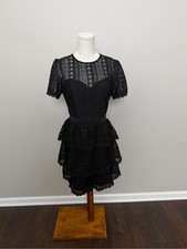 Express Dress Mini Lace Sweetheart Tiered Ruffle Illusion Puff Sleeve Black