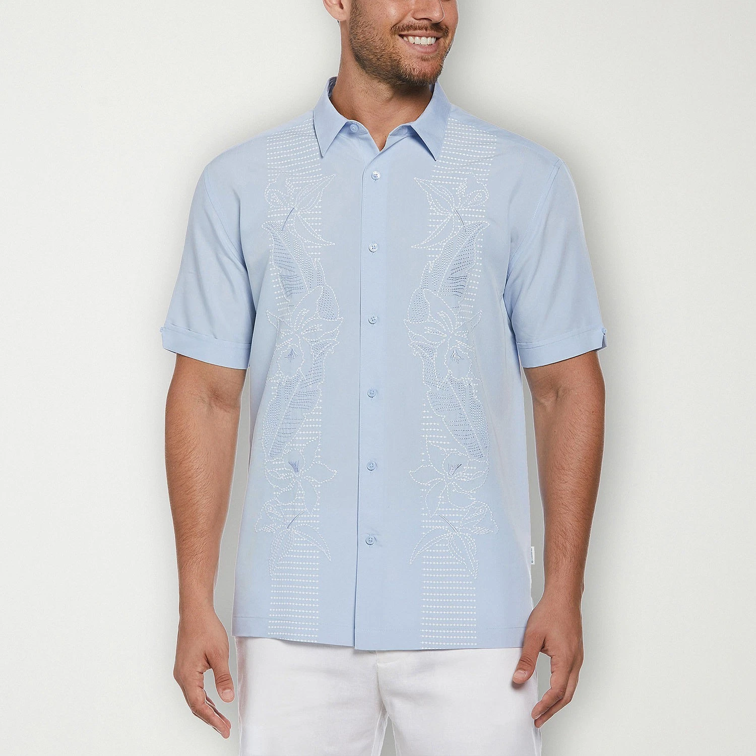 Cubavera $80 Light Blue Short Sleeve Linen & Cotton Embroidered Panel Shirt NWT