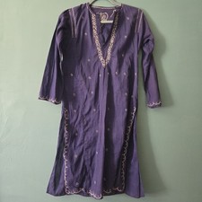 Blue Vintage Cotton Hand Embroidered Long Sleeve Indian Tunic Shirt Kurta Small